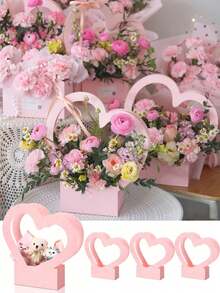 1/3/6个装 - 情人节、婚礼/婴儿派对心形鲜花礼盒、空花束、带提手礼品袋、折叠篮、新娘礼物派对、周年纪念派对用品（粉色） - 彩色 - 查看 2