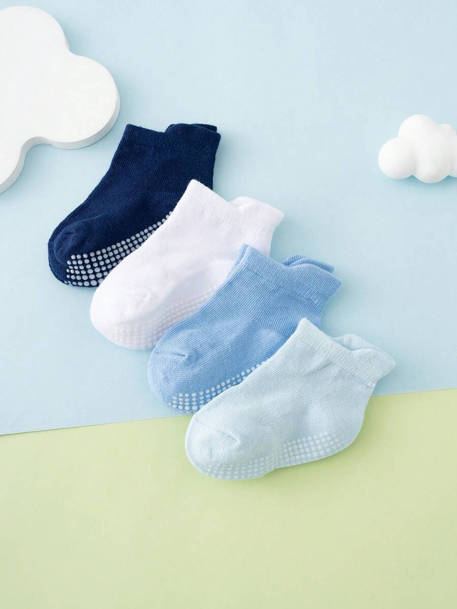 4 Pairs Kids Solid Color 3D Grip Dot Anti-Slip Socks, Blue Series - Multicolor - View 1