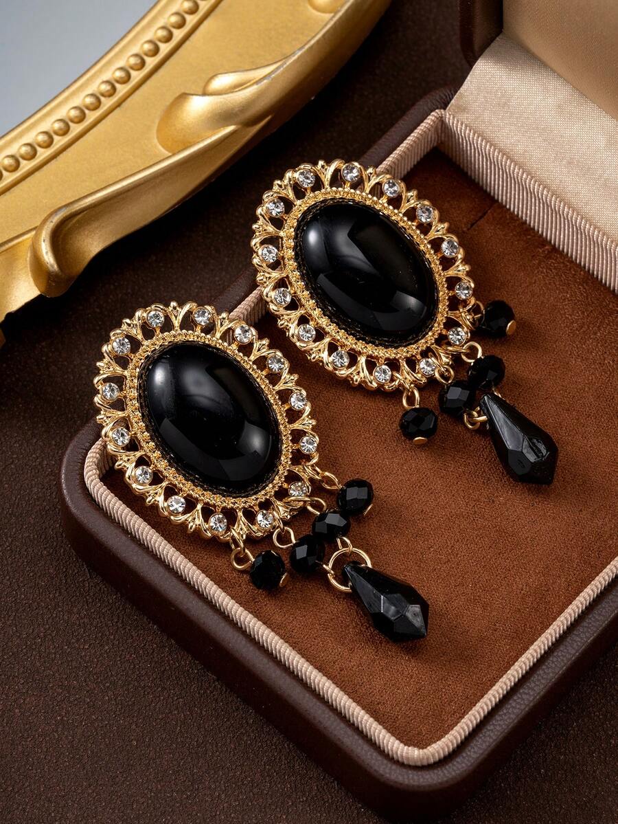 1 Cặp khuyên tai vòng tua rua đính đá giả hình bầu dục cổ điển thanh lịch, hoa tai sang trọng - màu đen - Xem 1