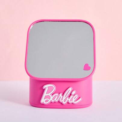 Miniso Barbie Series Multi-Functional Storage Desk Mirror Pink Style & Heart Detail Mirror With Storage Box Plastic Material Desktop Makeup Mirror & Small Item Storage Tool(1 PC)