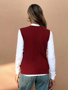 Chaleco para mujer estilo casual sencillo tejido color sólido ajustado escote V sin mangas botones primavera otoño uso diario oficina - Color caoba - Ver 3