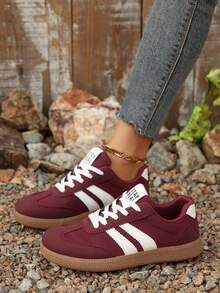 女士休闲百搭豹纹运动鞋，时尚吸睛，舒适耐穿，橡胶软底运动鞋，透气轻便，拼接设计，女士运动鞋 - 酒紅色 - 查看 2