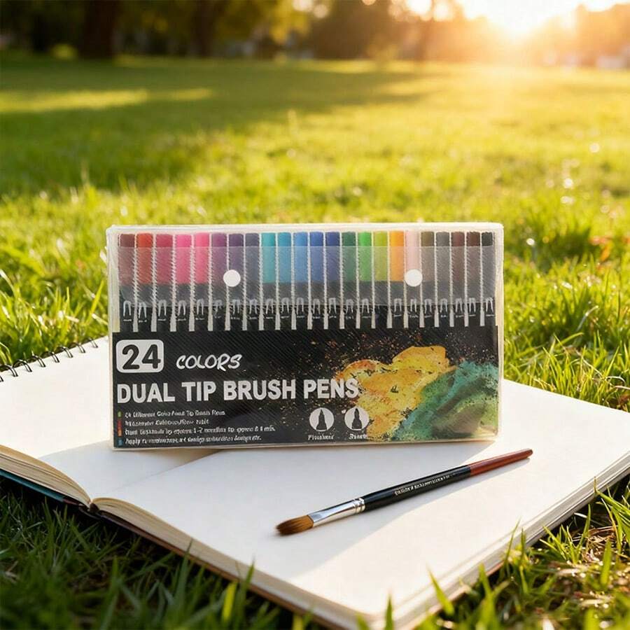 Marcadores artísticos, juego de 24 colores, marcadores de doble punta, pinceles de acuarela, juego especial de marcadores artísticos, marcadores de líneas de graffiti, regalos de Navidad y Halloween - Negro - Ver 1