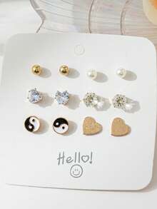 6件套时尚女童耳环，款式包括心形、圆形、月亮、蝴蝶、三角形、海马图案 - 彩色 - 查看 4