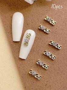 10pcs Mini 2026 New Year Faux Pearl Diamond Encrusted Gold & Silver Nail Art Decorations, New Year Metal Nail Accessories, Shiny Crystal Nail Gems, Suitable For Multi-Purpose DIY Nail Art Decoration