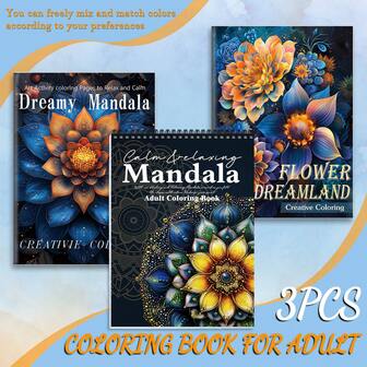 Set de 3 libros para colorear con temas de mandalas florales - Arte de relajación fácil y de alta calidad para adultos | Diseños de papel grueso terapéuticos | Regalo antiestrés amigable para principiantes para hombres y mujeres | Perfecto para Navidad, Halloween, Acción de Gracias, Año Nuevo