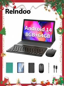Relndoo 安卓14平板电脑，带键盘，10英寸平板电脑，8GB RAM+64GB ROM，二合一平板电脑，含保护套、鼠标、手写笔，支持802.11n 2.4G/5G无线网络，5MP+8MP双摄像头，1280*800像素高清触摸屏，8000mAh电池，经认证可用于在线课程、工作、娱乐，是圣诞礼物的理想之选（不含适配器） - 複色 - 查看 2