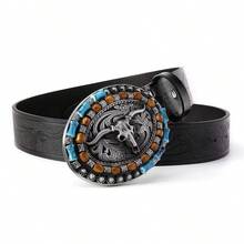 2pcs/1pc Denim, Horse Shaped Buckle Men And Women's Belt, Personalized Bull Head Buckle Waist Belt, Retro Embossed Craft Leather Belt, Suitable As Gift For Boyfriend Or Girlfriend - Multicolor - View 4