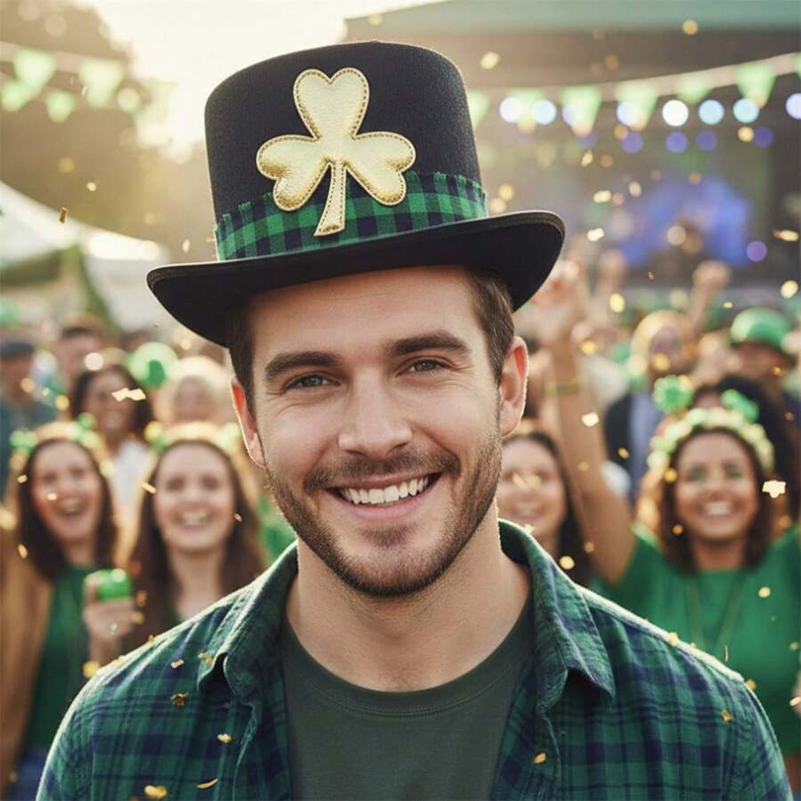 Irish Leprechaun Top Hat For Women Men Shamrock Black Band/Plaid Band Costume Accessory Cap - Black - View 1