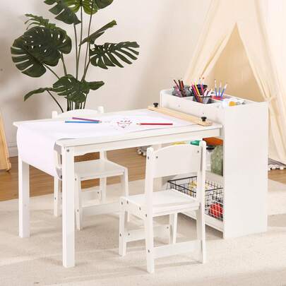 Techigher Kids Art Table And 2 Chairs, Toddler Craft Drawing Desk With Large Open Shelves And Top Compartment, Kids Activity And Study Table Furniture For Daycare, Game Room