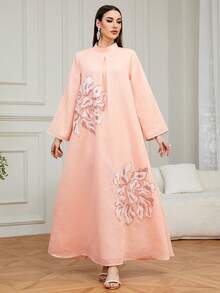 Women's Elegant V-Neck Long Sleeve Maxi Kaftan Dress, Woven Fabric With Beaded Embellishment, Suitable For Eid Al-Fitr - Pink - View 4
