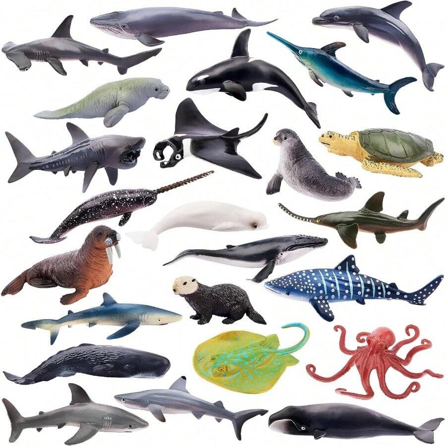 - 24 cifras de animales de ocano: decoraciones realistas para tartas con tiburones, ballenas y pulpo, para fiestas infantiles, regalos y proyectos escolares - inicial - Ver 1