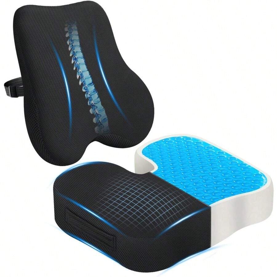 WSXC Gel-Infused Seat Cushion And Memory Foam Lumbar Pillow SetNon-Slip Bottom Breathable Mesh Cover Portable Handle - Ergonomic Support For Office Chair Cushion Car Seat Cushion And Wheelchair Black - 黑色 - 查看 1