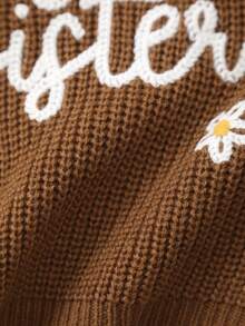 Infant Girls' Knitted Sweater With Delicate "Big Sister" Embroidery And White Floral Pattern, Soft And Cozy - Brown - View 4