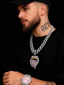 European And American Hip-Hop Style Jewelry Set For Men, Including Pink Sexy Tongue Lips Pendant, Butterfly Pendant, Heart Wing Pendant Paired With Pink Watch, Ideal Gift For Festivals And Parties - Pink - View 11