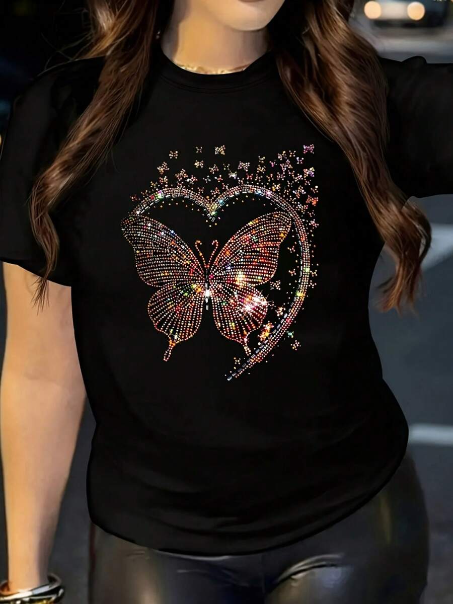 Ladies' Sparkling Butterfly Heart T-Shirt, Round Neck, Short Sleeve, Machine Washable, Black With Colorful Shining Design, Perfect For Valentine'S Day Or Casual Clothing - màu đen - Xem 1