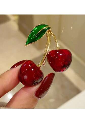 Dammode Röd Körsbärskristallbrosch, Elegant Legering Emaljnål, Festsmycken Gåva