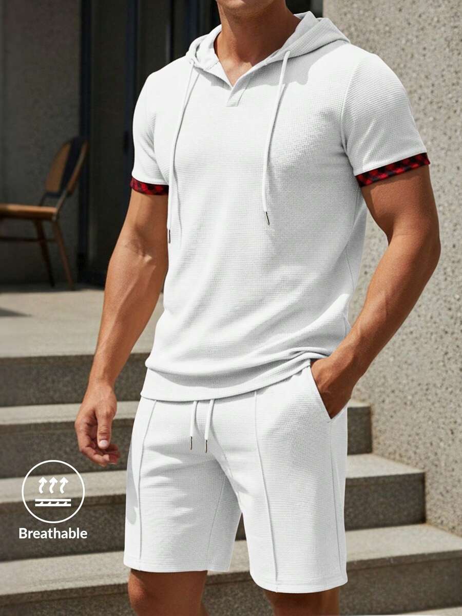 2 pièces/Set Sweat à capuche blanc décontracté rétro minimaliste pour hommes + Short à cordon de serrage et poche pour hommes, mode simpliste, convient au style de rue printemps/été et aux sports de plein air - Blanc - Voir 1