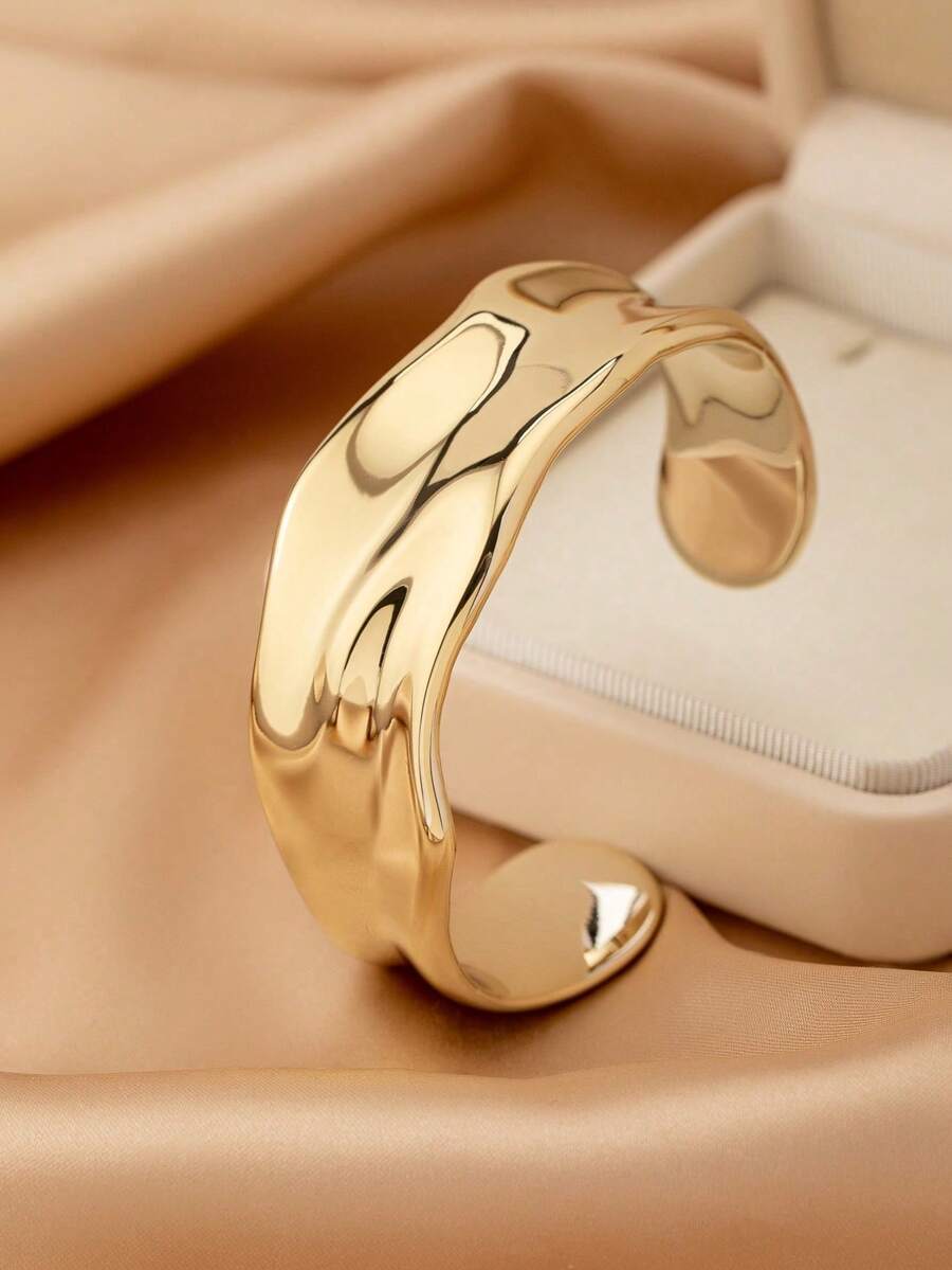 1pc Asymmetric Wavy Cuff Bangle, Gold Plated Open Bangle, Minimalist Geometric Wide Bracelet, Fashion Jewelry For Women - Multicolor - View 1