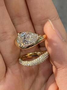 rundraw 2pcs Set Luxurious Copper-Gold Water Drop Design Ring, Suitable For Engagement, Wedding, Holiday Gift