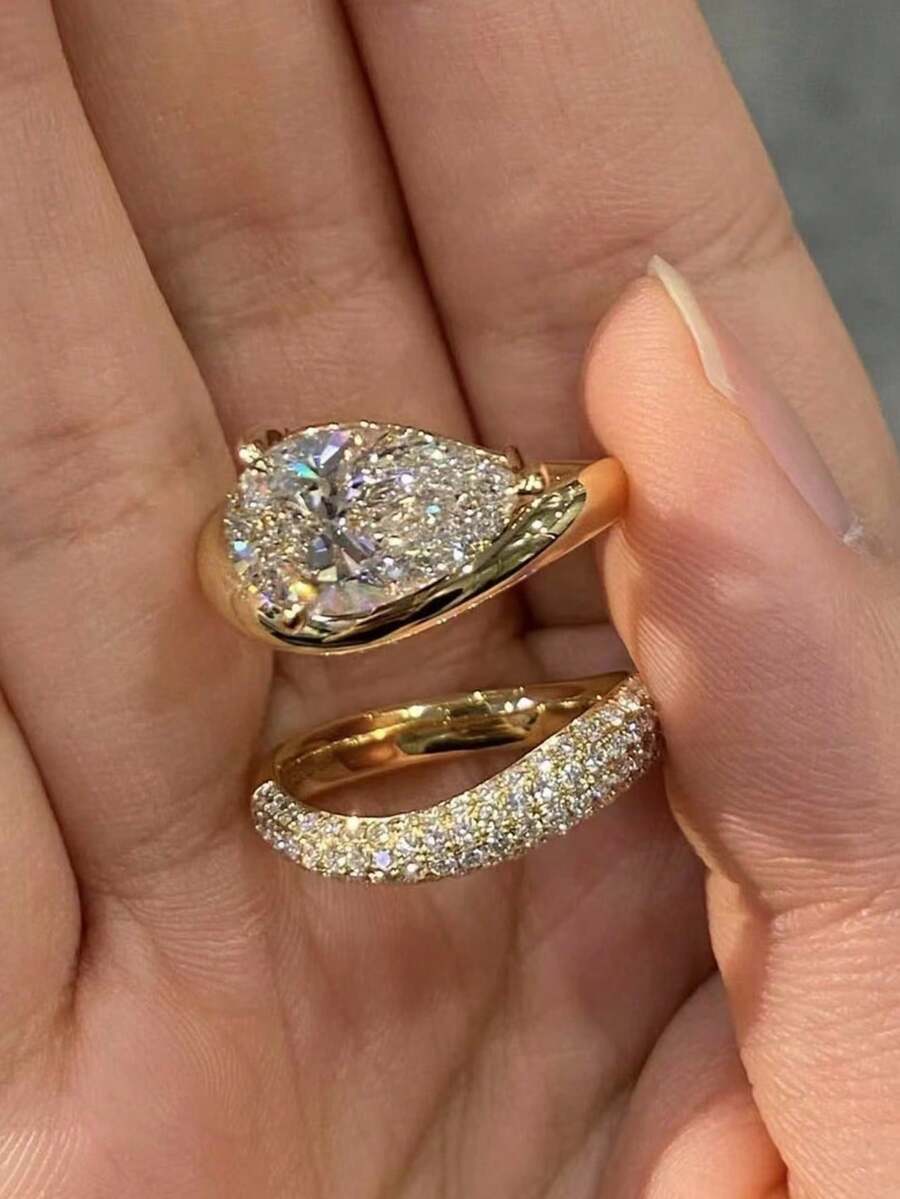 rundraw 两件套奢华铜金水滴形戒指，适合订婚、结婚、节日礼物 - 金色 - 查看 1