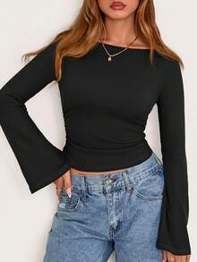 Fall New Arrival Women's Long-Sleeve Top Crop-Top Style Casual Outerwear Boat Neck With Bell Sleeves Ribbed Pleated Design Millennial-Inspired Fashion - 黑色 - 查看 6