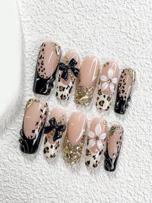 10Pcs/Pack Handmade Y2K Style Nail Tips, Milky & Black Color With French Tips, Bow, Rhinestone, Manual Flower Designs Decoration, Leopard Press On Nails,3 Sizes Available, Almond Nails, Duck Nails, Coffin Nails, Comes With Nail Tools(1 Sheets Jelly Stickers+1PC Nail File)Suitable For Women & Girls Party, Wedding, Daily Wear, Including Nail Tools, Great Gift For Ladies Press On Nails Nail Supplies Nails - 彩色 - 查看 17