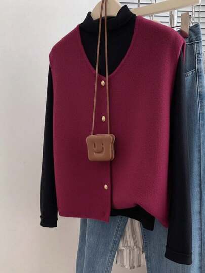 JIANHU Minimalist Knit Vest For Layered Look, Elegant Button Detail, Fall Winter Daily Wear, Warm And Versatile For Christmas, New Year Party & Daily