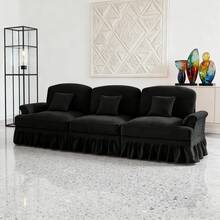 Canapé 3 places d'inspiration mid-century en chenille noire - Élégance rétro avec ses accoudoirs entonnoir, sa jupe à volants amovible et ses pieds fuseau emblématiques - défaut - Voir 1