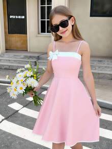 This Elegant And Fashionable Summer Girls' Dress Features A Simple Pink And White Color Block Design, With A Bow-Decorated Shoulder Strap. Suitable For Vacation, Valentine's Day, Birthday, Party, Daily Outdoor Travel And Other Occasions, Also Makes A Great Gift For Children. - Baby Pink - View 4