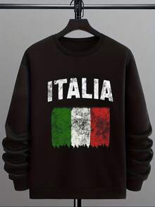 Italia Graphic Crew Neck Sweatshirt Flag Map Print Black Cotton Sweater Casual Design With Colors Machine Washable Ideal Gift For Lovers Casual Attire - 黑色 - 查看 2