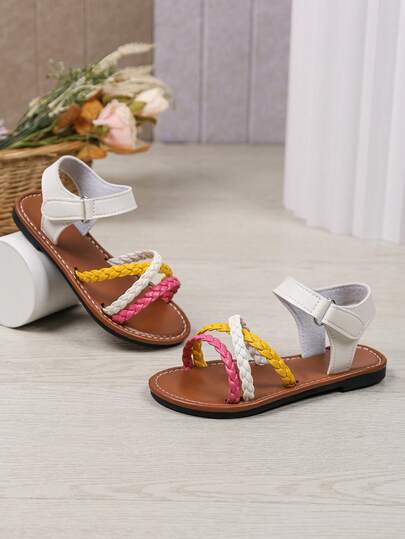 1 Đôi dép quai dệt PU mùa hè cho bé gái, giày đi biển nhẹ, thoáng khí, phong cách cổ điển dễ thương dành cho sinh viên