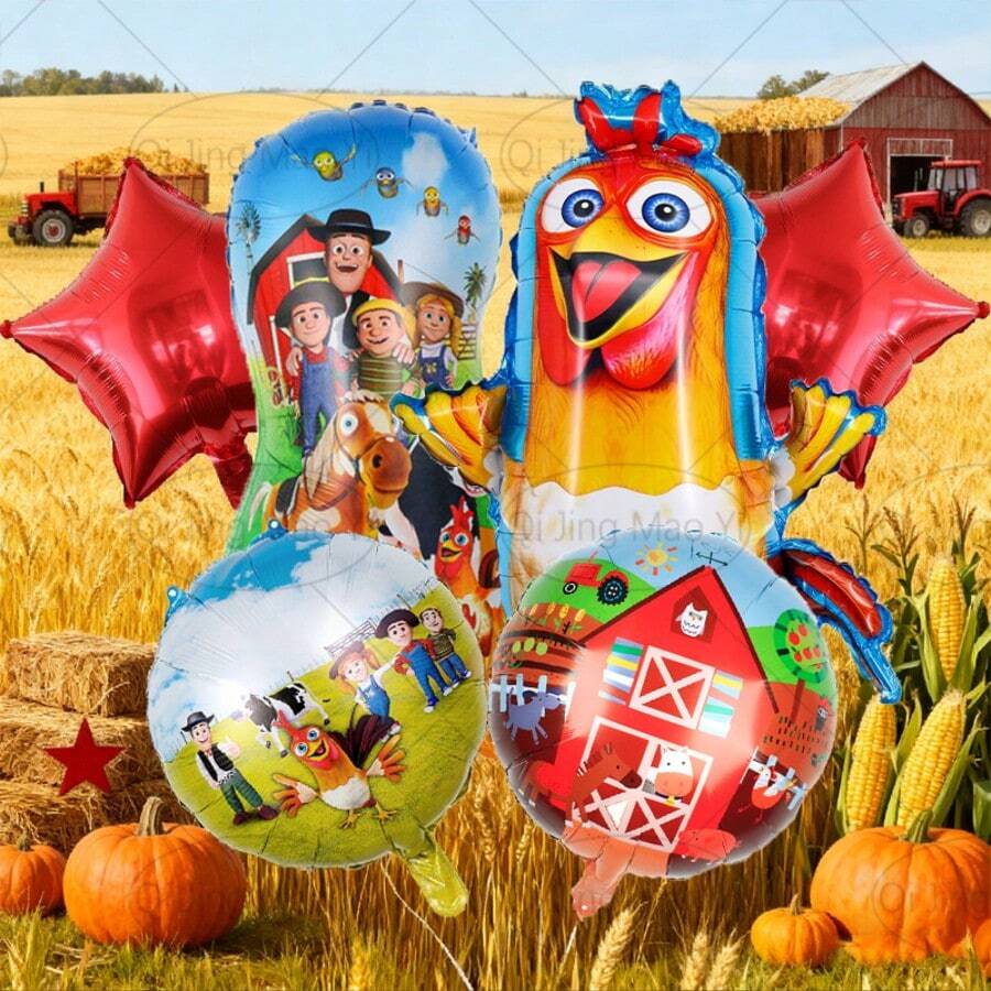 6pcs Farm Theme Chicken Balloon Set, Includes Foil Chicken Balloons, Round Foil Balloons, Red Star Balloons, Suitable For Birthday Party Decor, Holiday Decor, Birthday Balloons, Theme Party Decor, Baby Shower Decor, Surprise Gift For Son/Daughter - Nhiều màu - Xem 1