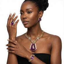 Woman Jewelry Set Luxe Gold-Tone Deep Purple Gemstone Jewelry Set: Statement-Making Necklace, Earrings, Bracelet & Ring Combo Crafted High Quality - Necklace + Earrings + Ring + Bracelet - View 3