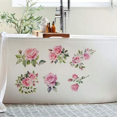 Rose Floral Pattern Self-Adhesive Bathtub Sticker, Creative Peel And Stick Home Decor Sticker, Suitable For Decorating Sink And Bathtub, Removable Wall Sticker, Fashionable Bathroom Decor