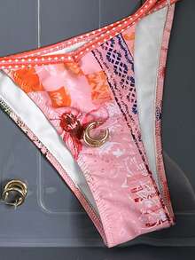 2 piezas Traje de baño tipo bikini con estampado geométrico y floral de estilo casual, lindo, elegante y sexy bohemio con nudo delantero, para primavera/verano