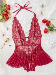 Women's Red Christmas Contrast Lace Backless Sexy Crotchless Bodystocking With Adjustable Straps