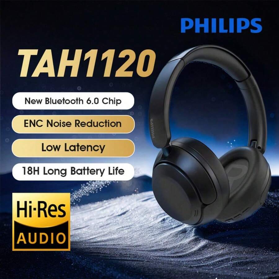 Philips Over-Ear Sports Headphones - Wireless Bluetooth, Active Noise Cancellation, Hi-Fi Music, Long Battery Life, TAH1120 - Black - View 1