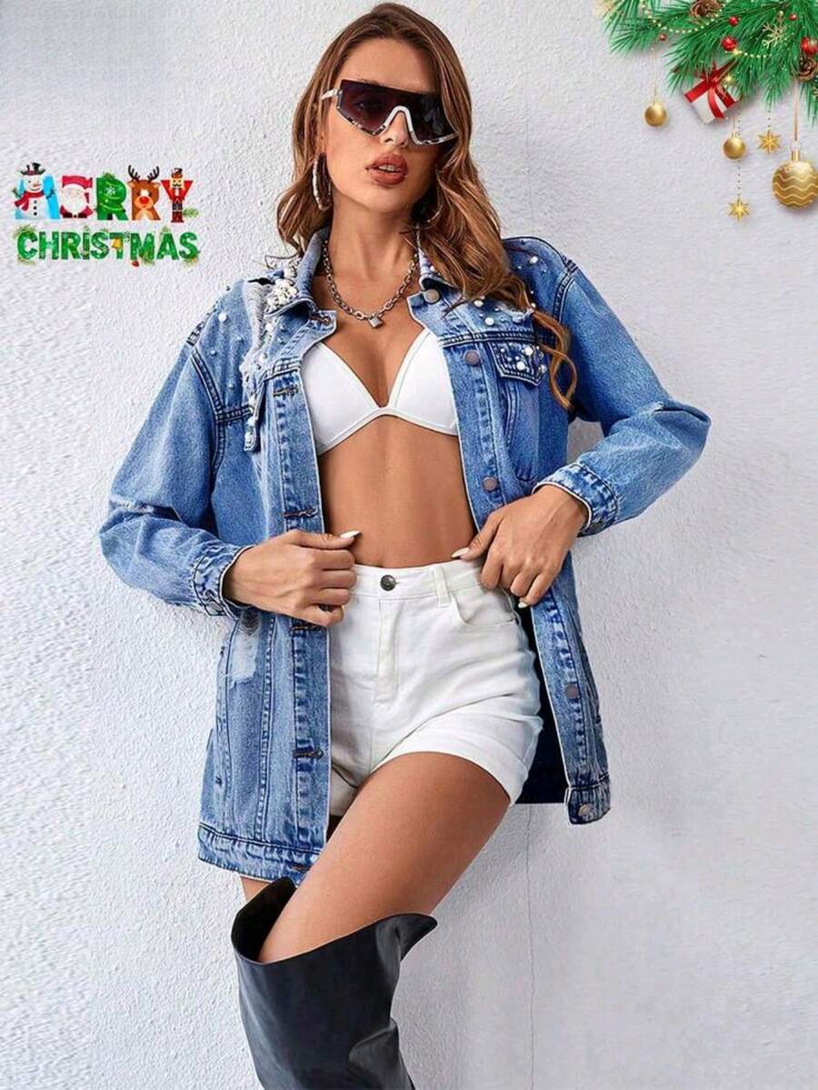 Women's Denim Jacket, Y2K Style Women's Wear, Casual And Versatile, Medium Blue Pearl - A Troubled Denim Jacket With Embellishment, Loose Long Casual Coat, Suitable For All Seasons, Pocket Design, Perfect For Going Out, Cocktail Parties, Parties, Christmas, Nightclubs, Banquets, Film Festivals, Cinemas, Balls, Cocktail Parties, Bars, Weddings, Graduation Ceremonies, Back-To-School, Birthday Parties, Rebellious Girls Festival-Themed Parties, Outdoor Outfits, Streetwear, Fashion Shows, Dates, Valentine's Day, Working Outside University, School, Village, Concerts, Street Girls, Girls, Country-Style Women's Clothing, The Best Women For Going Out, Ladies' Vacation Clothing, Country Concerts - 深藍 - 查看 1