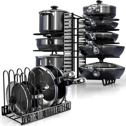 Pots And Pans Organizer Under Cabinet - 8-Tier Adjustable Pan Organizer Rack For Cabinet - Heavy-Duty Pot & Pan Organizer - Perfect To Store Pots, Pans, Lids - Easy Kitchen Organization And Storage