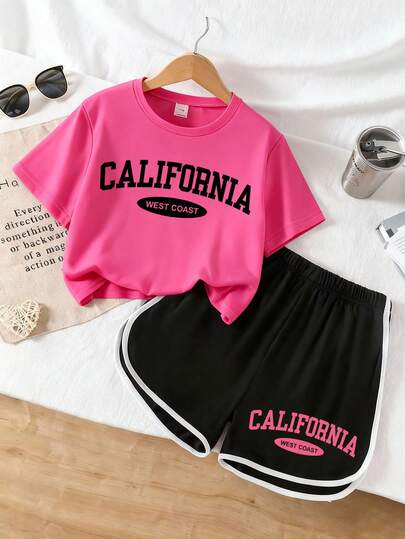 2pcs/Set Casual Street Style California West Coast Letter Print Includes Loose Comfortable Short Sleeve Crew Neck T-Shirt And Striped Shorts, Suitable For Summer Wear. Ideal For Lounging, Streetwear Or School Outfit.