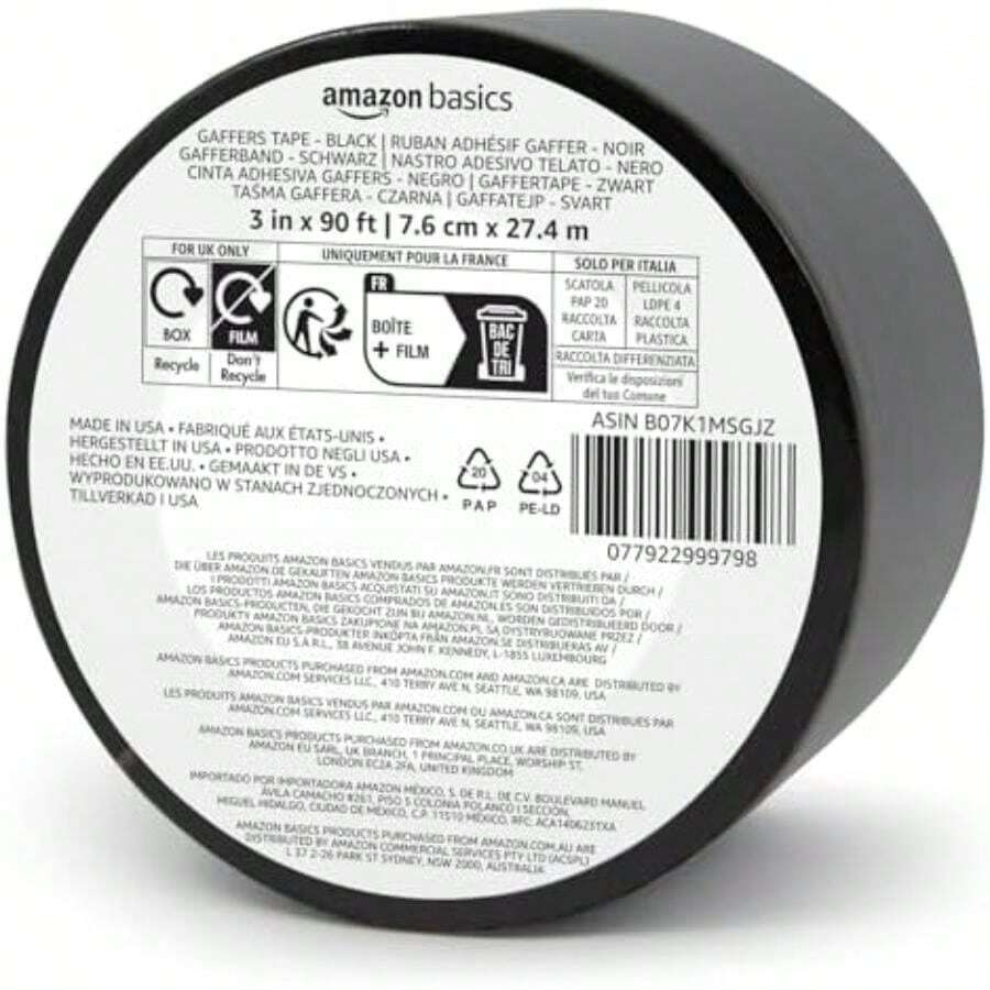 Basics - Cinta adhesiva sin residuos, no reflectante, 2 x 90 pies, color blanco(Negro 3" x 90') - Multicolor - Ver 1
