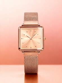 1pc Elegant, Fashionable, Luxurious, Exquisite Square Rose Gold Mesh Strap Quartz Watch Suitable For Daily Wear, Perfect For School Parties, Birthdays/Holidays, Vacations, Travel, Christmas Gifts, Perfect Decoration For Girls - Multicolor - View 3