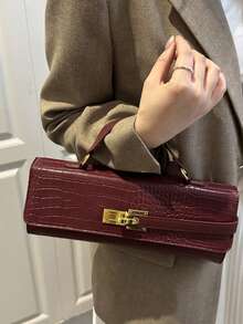 New BV Style Crocodile Embossed Structured Baguette Bag, Burgundy Fashion Personalized Crease Handbag, Strap Decor, Unique Metal Lock Closure, Women's Party Evening Bag, Commute Shoulder Crossbody Bag, Suitable For Office, Dating, Wedding, Gift, Prom, Valentine's Day, Daily Use - Burgundy - View 8