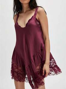 Women's Summer Sleevelesss Dress Lace Patchwork Deep U-Neck Backless Mini Loose Dress - 酒紅色 - 查看 1