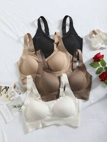 4-Piece Plus Size Bra, Seamless Breathable Wireless Sports Bra For Women - Full Coverage Design, Anti-Slip Material, With Lifting And Support Functions, Comfortable To Wear, Ribbed Details, Made Of Nylon And Elastic Fiber Blend, Hand Wash. Elegant Solid Color Design.Plus Size Lingerie - 彩色 - 查看 8