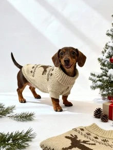 LUCKIE LABO 1pc Funny Print Knitted Sweater, Warm Winter Outfit For Small Dogs Like Chihuahua, Cute & Casual, Suitable For Indoor & Outdoor Wear, Christmas Season Pet Apparel - Camel - View 2