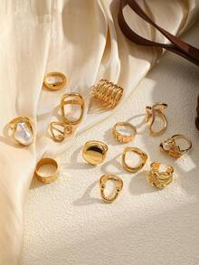 Bộ 13 chiếc nhẫn ngọc trai giả Baroque xoắn hình học bất quy tắc phong cách đồng xu cổ điển, thích hợp cho phụ nữ mặc trong các dịp lễ, tiệc tùng, hẹn hò, đeo hàng ngày, làm quà tặng (Không có hộp) - Vàng - Xem 7