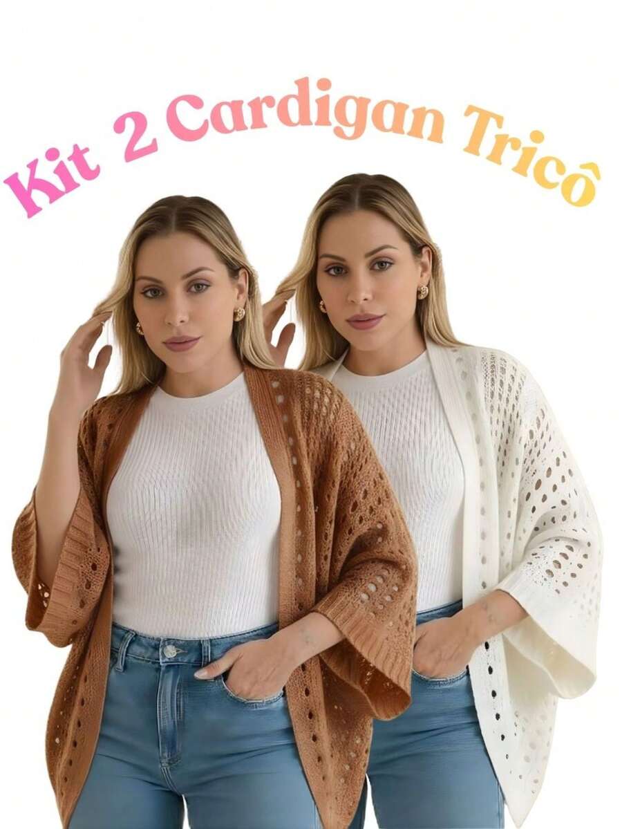 Set Of 2 Women's Cardigan Blouses, Knitted Cape, Openwork Knit, Autumn - 銅色/白色 - 查看 1