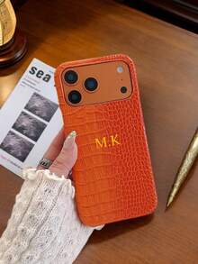 Personalized Luxury Gradient Dual-Tone Crocodile Texture Leather Phone Case, New 17 Star Universe Orange Korean Minimalist Retro Couple Phone Case, Customized Letter Name - Orange - View 5